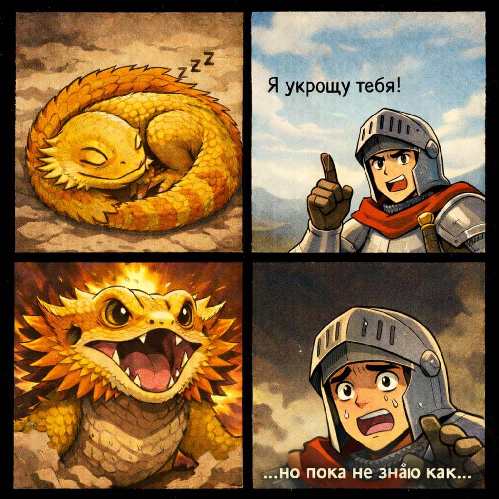 Комикс: рыцарь хочет приручить спящего дракона, но пугается, когда тот просыпается.