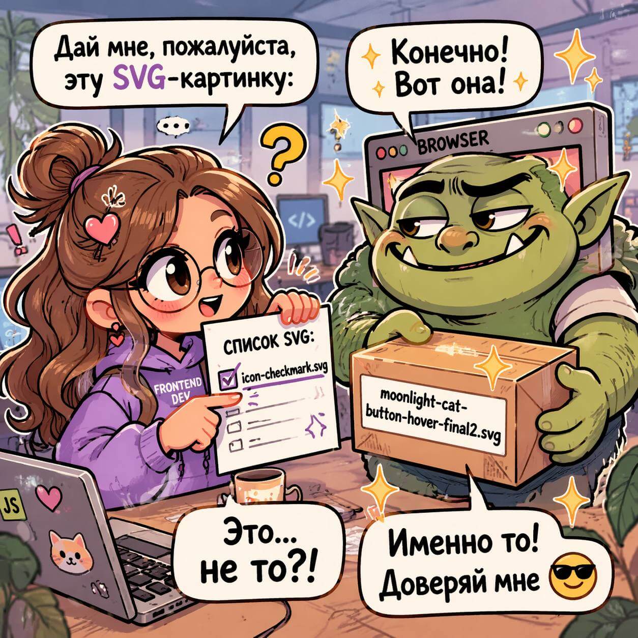 Мультяшная мемная сцена: милая девушка-фронтендер за ноутбуком показывает список с нужной SVG-иконкой, а ухмыляющийся «браузер-тролль» протягивает ей коробку с совсем другим названием файла, уверяя, что всё правильно.